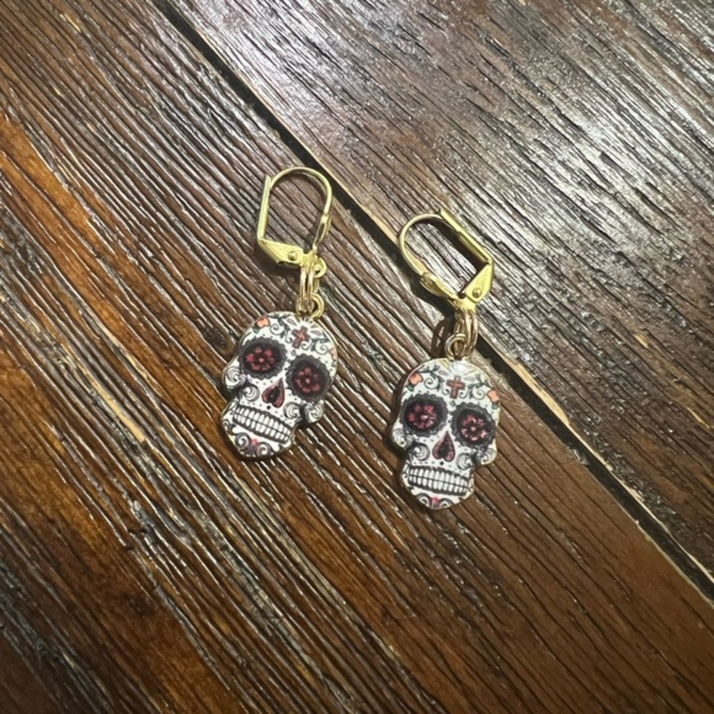 Handmade Gold and White Skull Earrings